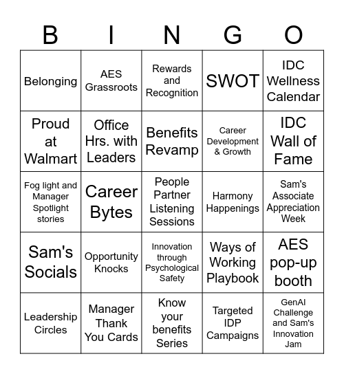 Sam's AES Pop-up Booth - Bingo Card