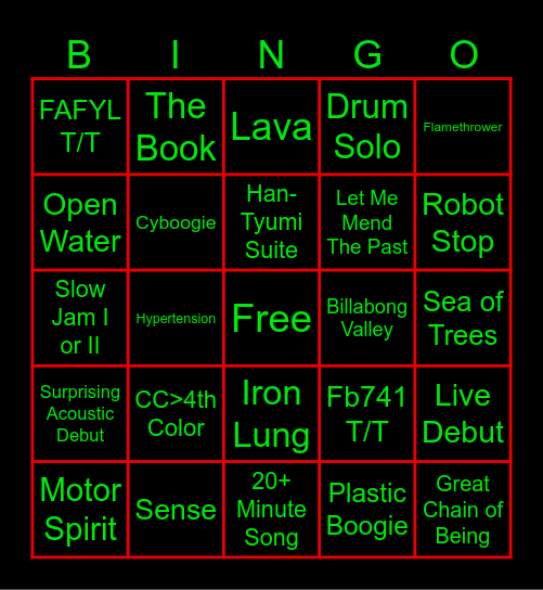 Gizzard Summer/Fall 2024 Bingo Card