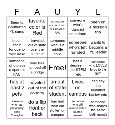 YOUNGLIFE BINGO Card