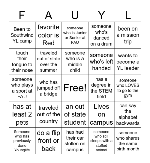 YOUNGLIFE BINGO Card