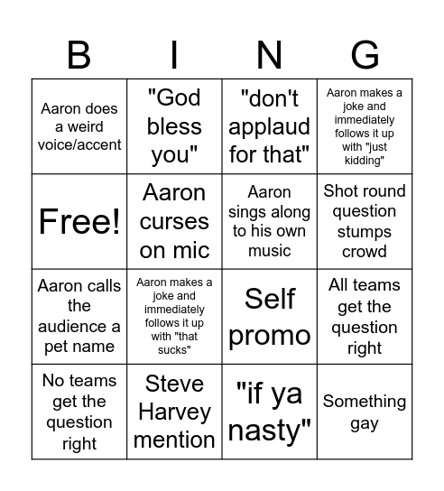 Aaron Trivia Bingo Card