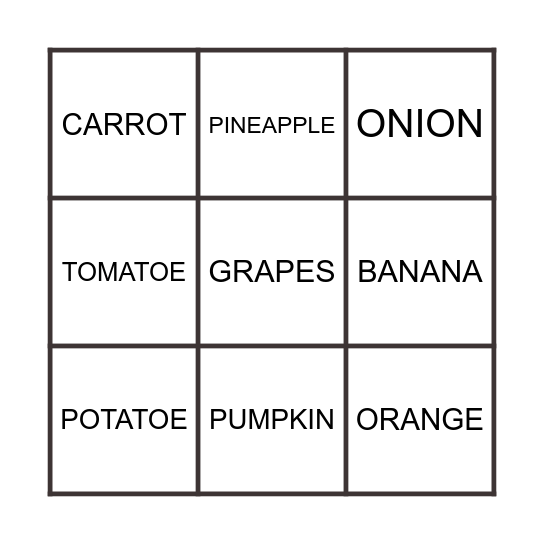 FRUITS AND VEGETABLES BINGO Card