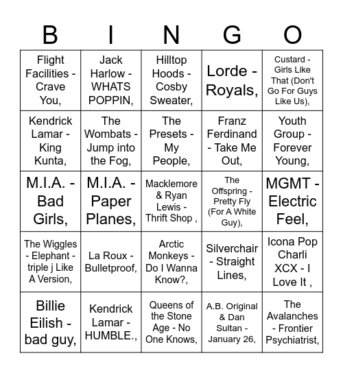 MUMBOS BINGO: HOTTEST 100 Bingo Card