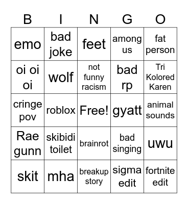 Cringe bingo Card