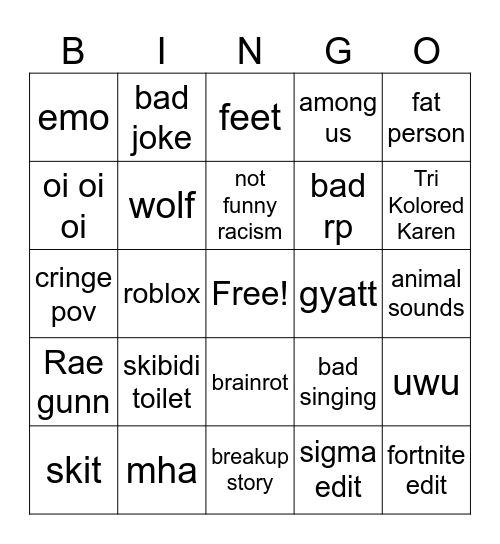 Cringe bingo Card