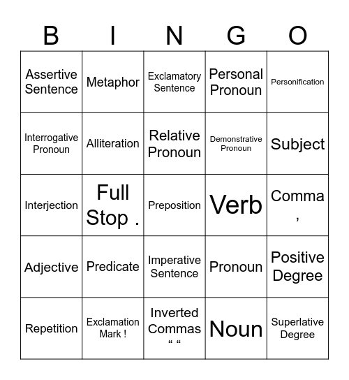 GRAMMAR BINGO Card