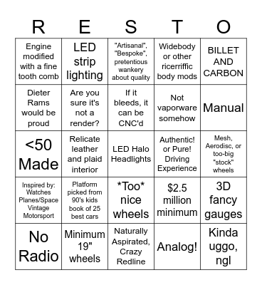 Restomod Bingo Card