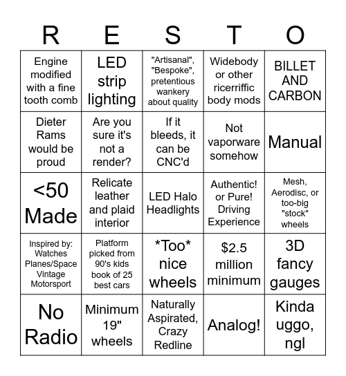 Restomod Bingo Card