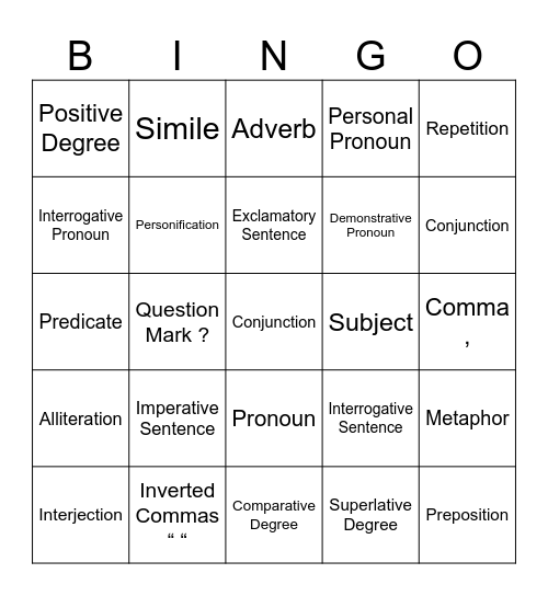 GRAMMAR Bingo Card