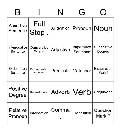 GRAMMAR Bingo Card