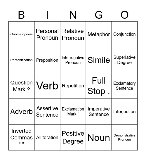 GRAMMAR Bingo Card