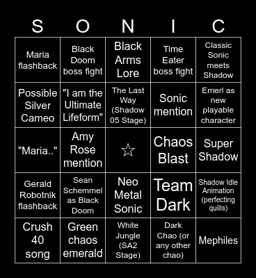 Sonic x Shadow Gens Bingo Card