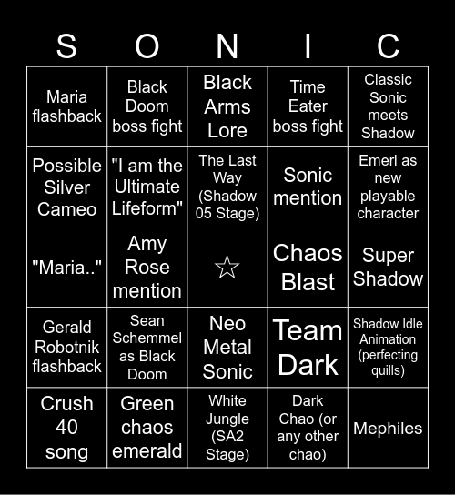 Sonic x Shadow Gens Bingo Card