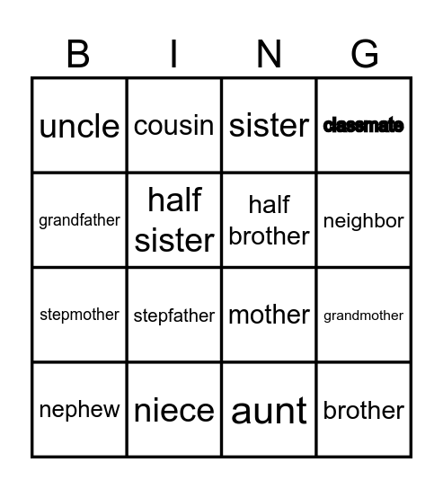 family and friends Bingo Card