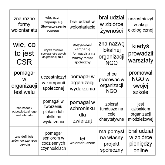 Znajdź kogoś kto... Bingo Card