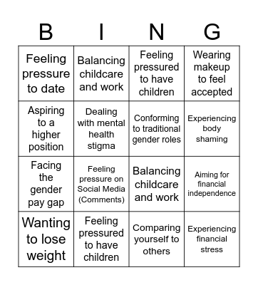 Social pressure that lie on Women today. Bingo Card