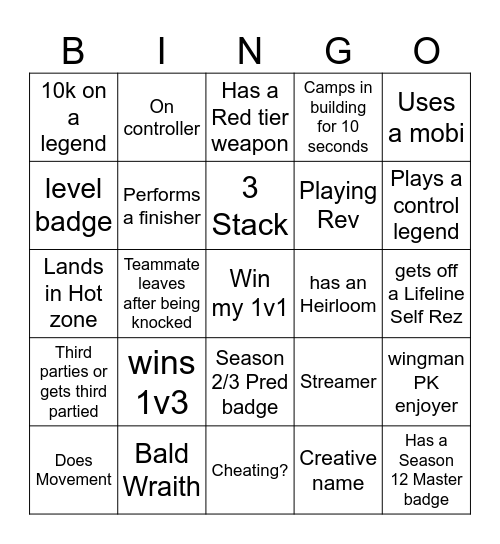 Apex Bingo Card