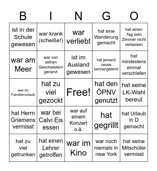 schnelles Ferienbingo Card