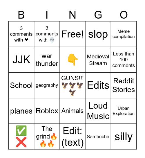 YT shorts + comments Bingo Card