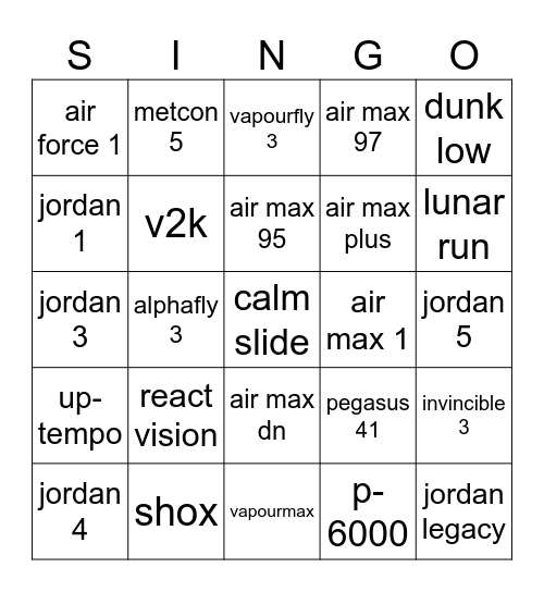 Swoosh Bingo Card