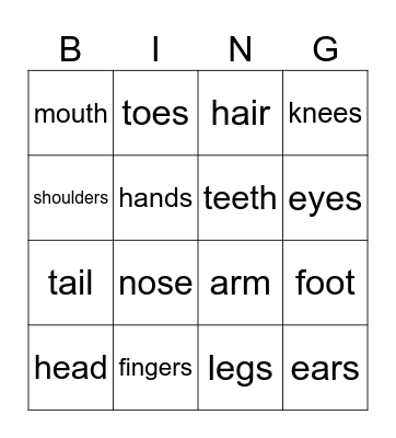 Body parts Bingo Card