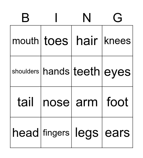 Body parts Bingo Card