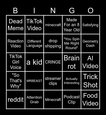 YouTube Shorts Bingo Card