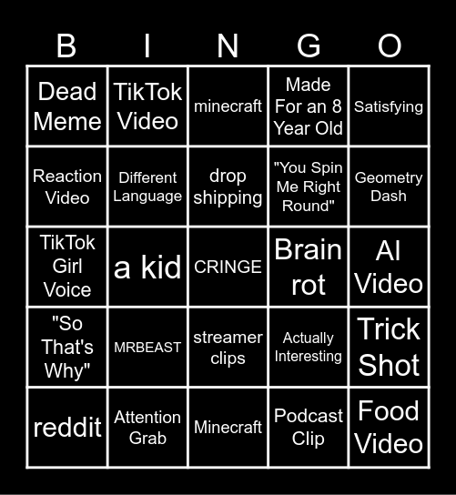 YouTube Shorts Bingo Card