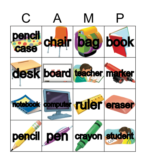 School Bingo Card