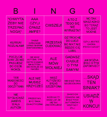 AUTYZM I ADHD BINGO Card