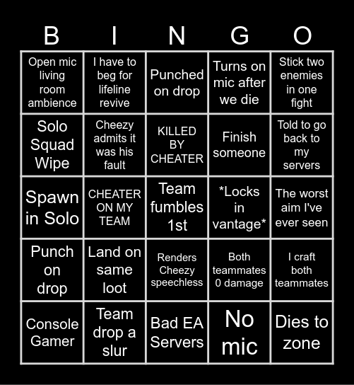 Solo Apex Ranked Bingo Card