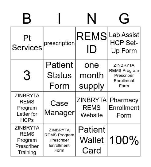 ZINBRYTA REMS Program BINGO Card