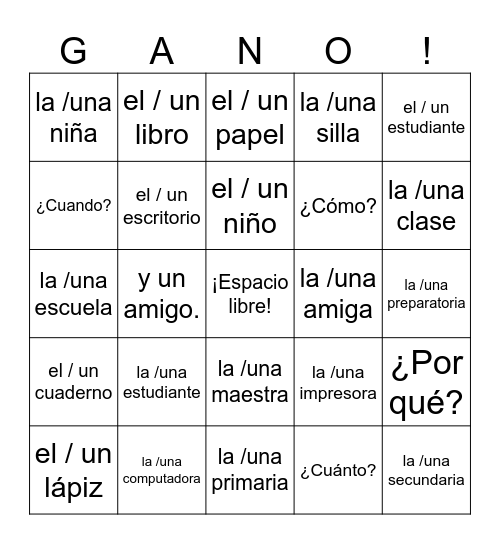 Spanish 1 - Vocab 1A Bingo Card