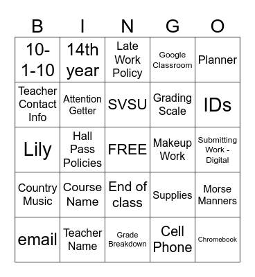 Rhoades Syllabus Bingo Card