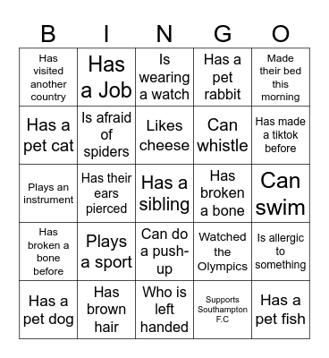 Induction Bingo Card