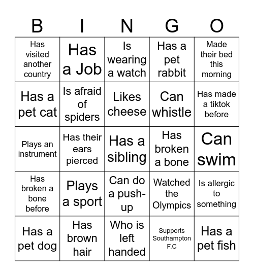 Induction Bingo Card