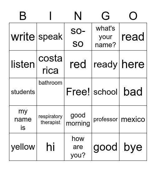 FIRST WEEK SPANISH WORDS Bingo Card