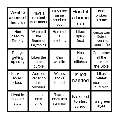 Back to School Bingo Card