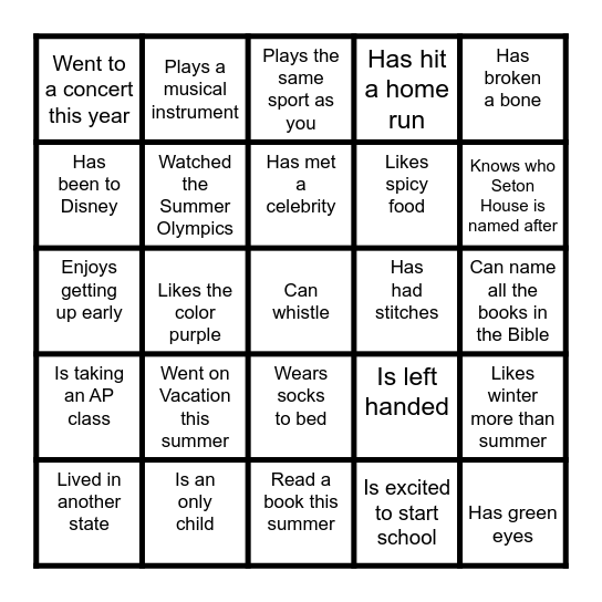 Back to School Bingo Card