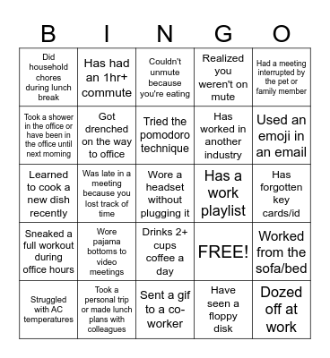 Remote Work Bingo Card