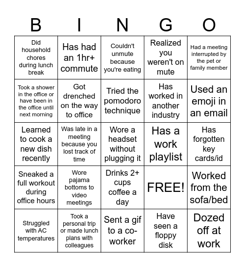 Remote Work Bingo Card