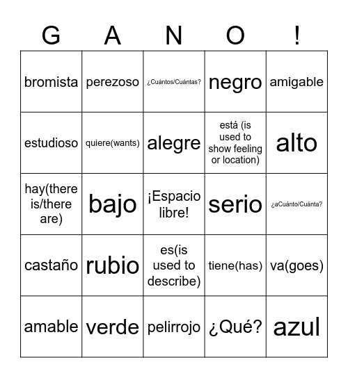 Spanish 2 - Vocab 1A with Question Words/Super 7 Bingo Card