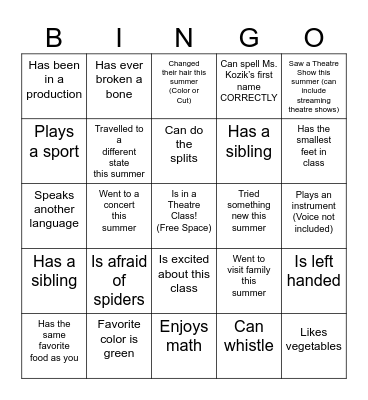 Get to Know You THEATRE Bingo Card