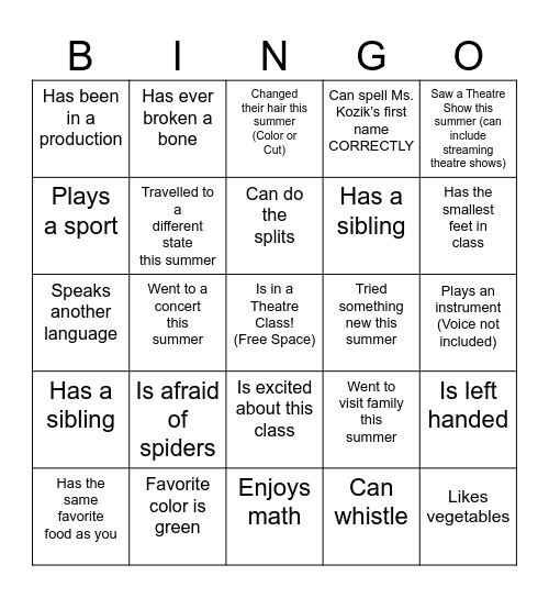 Get to Know You THEATRE Bingo Card