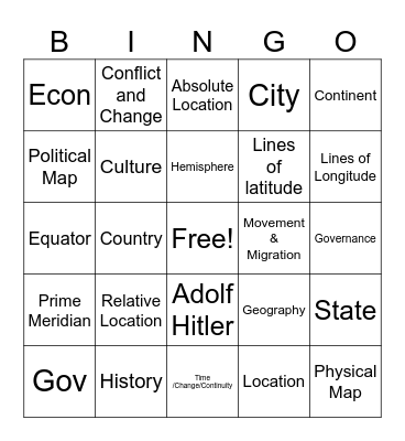 Unit #1 Geography Bingo Card