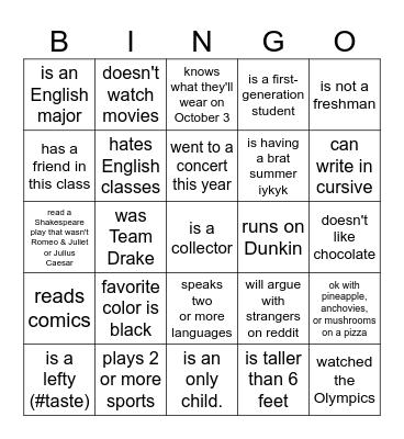Fall 2024 Icebreaker Bingo Card