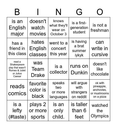 Fall 2024 Icebreaker Bingo Card