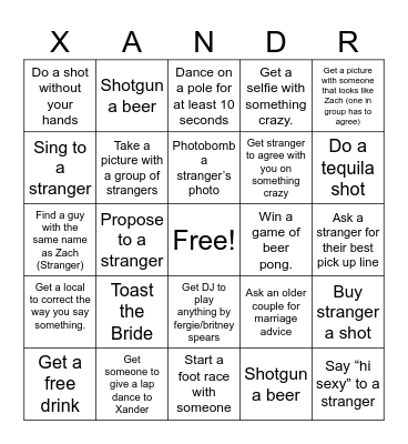 Tramels Bachelor Party Bingo Card