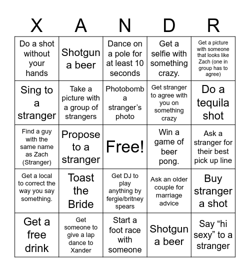 Tramels Bachelor Party Bingo Card