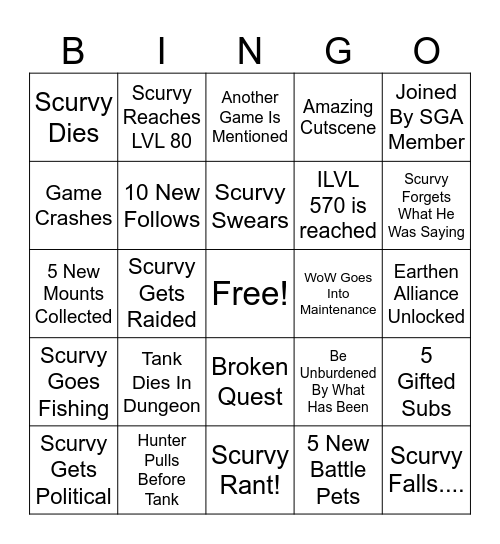 Misadventures in Azeroth Bingo Card